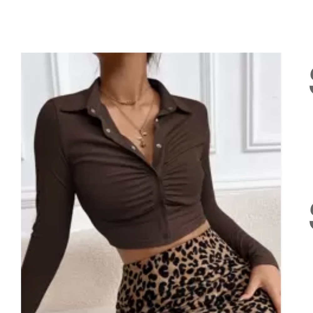 SHEIN Brown Long Sleeve Ruched Crop Polo Shirt